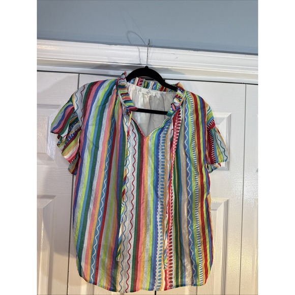 ENTRO Multi Color Crop Blouse Sz S Striped Ruffle Cap Sleeve Tie Neck Boho - Picture 1 of 13
